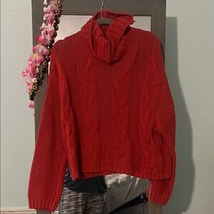 Source Unknown Red Cable-Knit Cowl Neck Sweater